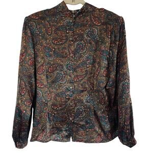 BEAUTIFUL QUEENIE Vtg Paisley 100%‎ Silk Blouse-Button Back-80's 90's- Olive-16
